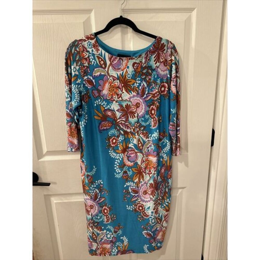 BOB MACKIE Wearable Art Size S Sheath Dress Blue Floral 3/4 Sleeve NEW
